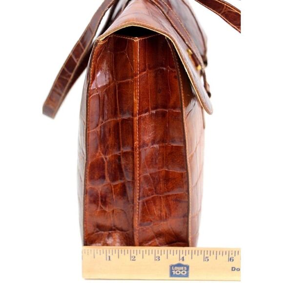 FURLA ITALY TAN BROWN CROCO PRINT GENUINE LEATHER FLAP BUSINES SHOULDER BAG - Picture 10 of 12